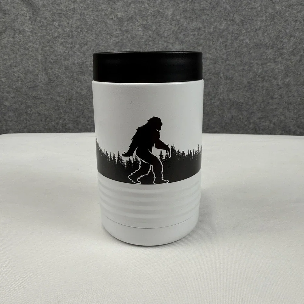 New York Bigfoot Sasquatch Pine Forest Insulated Can Cooler White Stainless 12oz